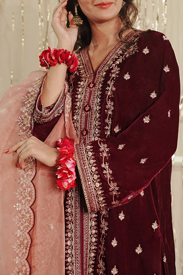 Luxury Pret Embroidered Velvet Stitched 3 Piece