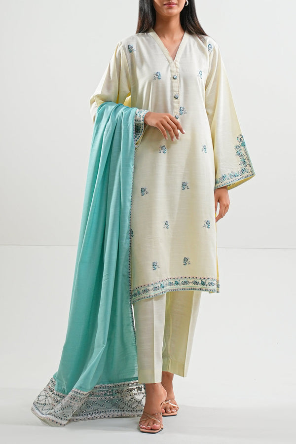 Solid Embroidered Soft Touch Cotton Stitched 3 Piece