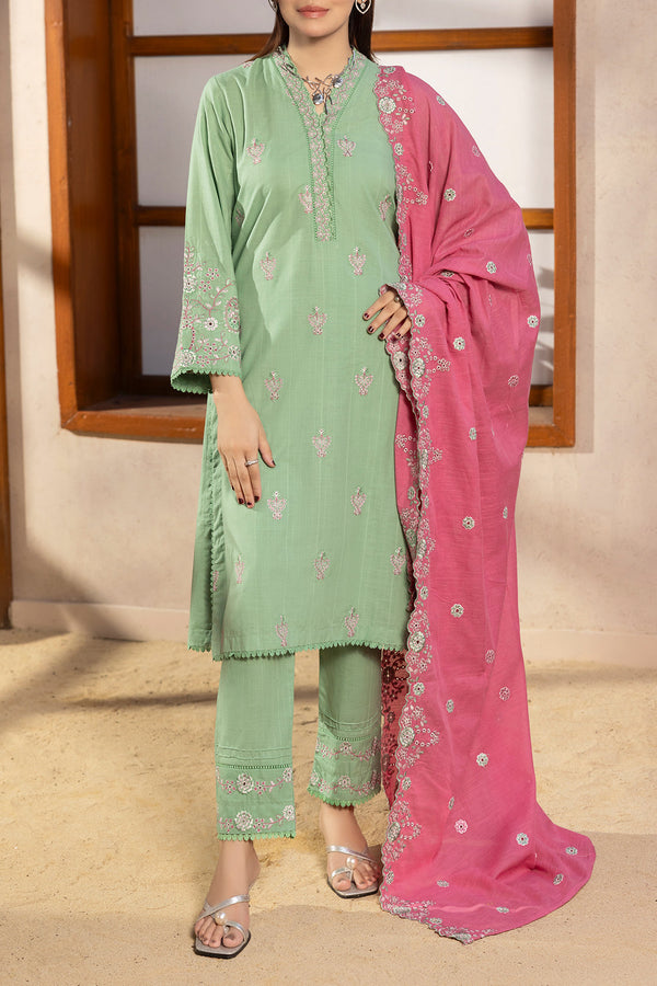 Solid Embroidered Slub Cotton Stitched 3 Piece