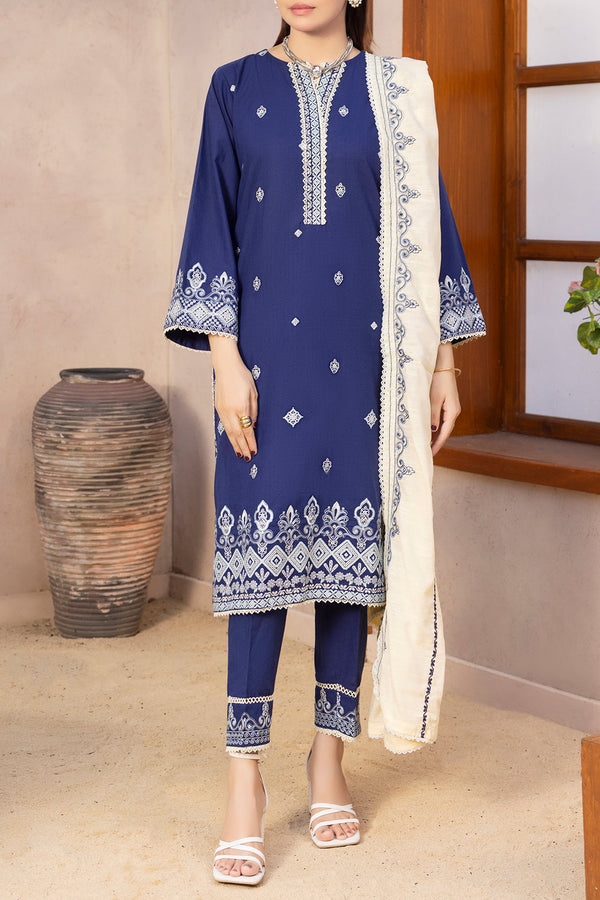 Solid Embroidered Slub Cotton Stitched 3 Piece