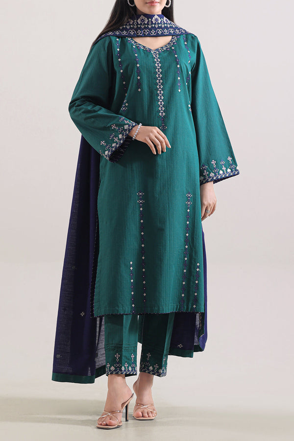 Solid Embroidered Slub Cotton Stitched 3 Piece