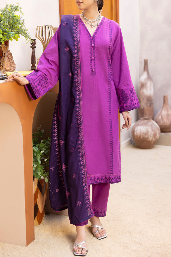 Solid Embroidered Slub Cotton Stitched 3 Piece