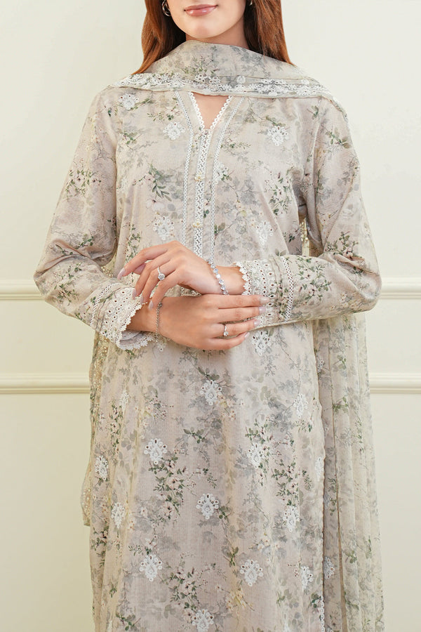 Printed Embroidered Cotton Jacquard Stitched 3 Piece