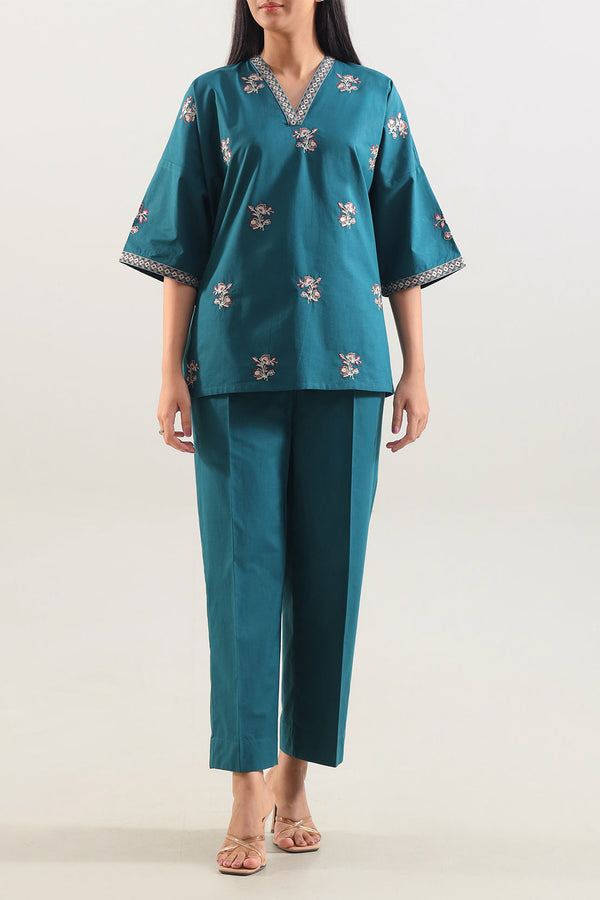 Solid Embroidered Poplin Stitched 2 piece (Shirt/Trouser)