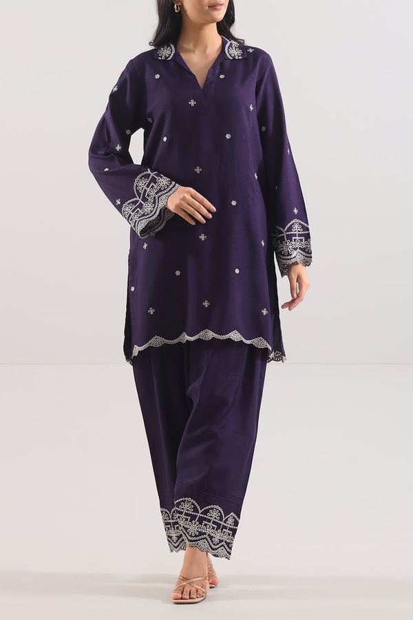 Solid Embroidered Silk Stitched 2 Piece (Shirt/Trouser)
