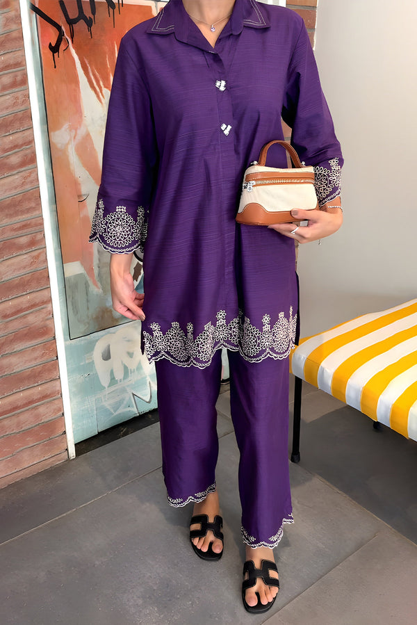 Solid Embroidery Soft Raw Silk Stitched Shirt