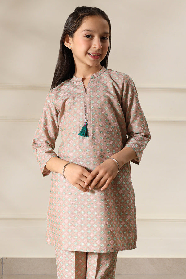 Stitched Cotton Jacquard Shirt/Trouser For Kids