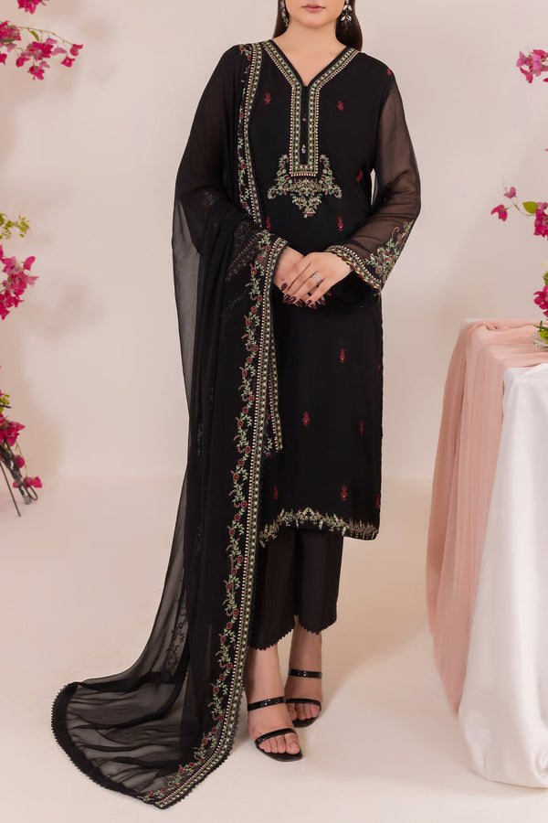 Solid Embroidered Chiffon Stitched 3 Piece