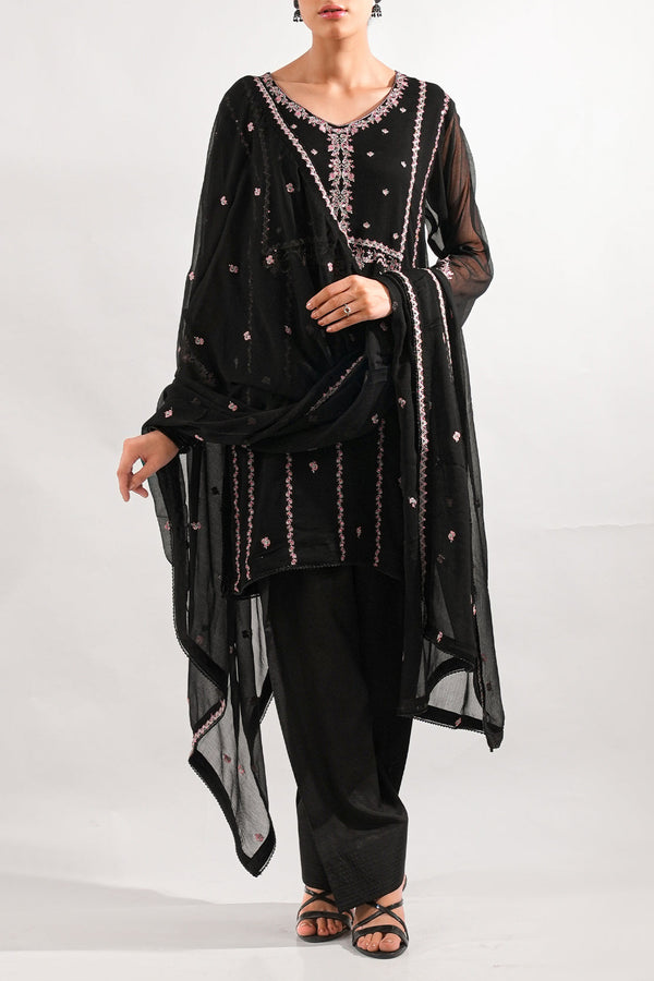 Solid Embroidered Chiffon Stitched 3 Piece