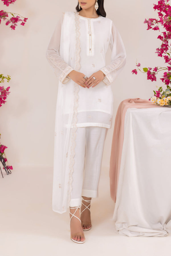 Solid Embroidered Chiffon Stitched 3 Piece