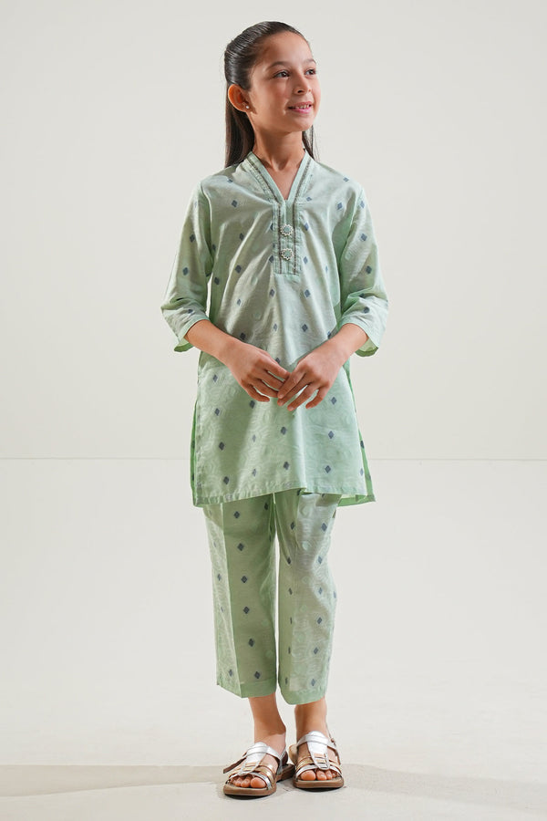 Stitched Cotton Jacquard Shirt/trouser For Kids