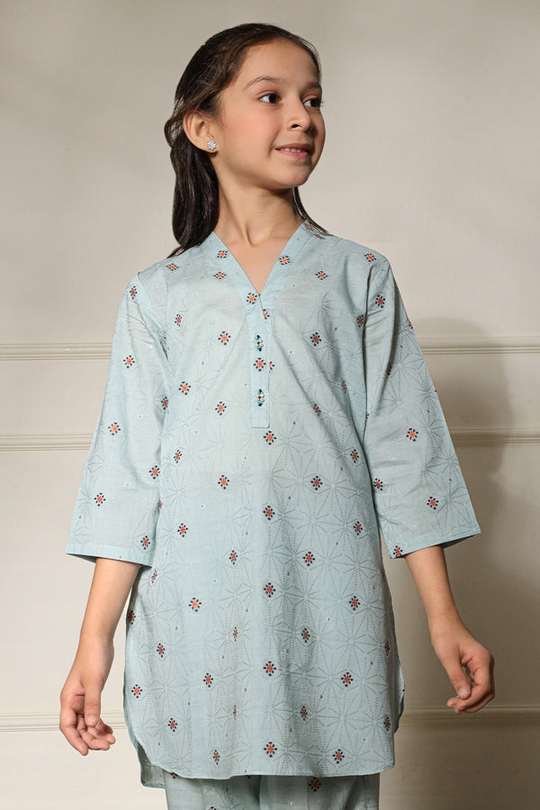 Stitched Cotton Jacquard Shirt/Trouser For Kids