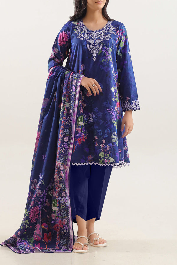 Unstitched Printed Embroidered Strip Lawn 3 Piece