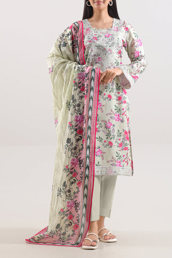 Unstitched Printed Embroidered Strip Lawn 3 Piece