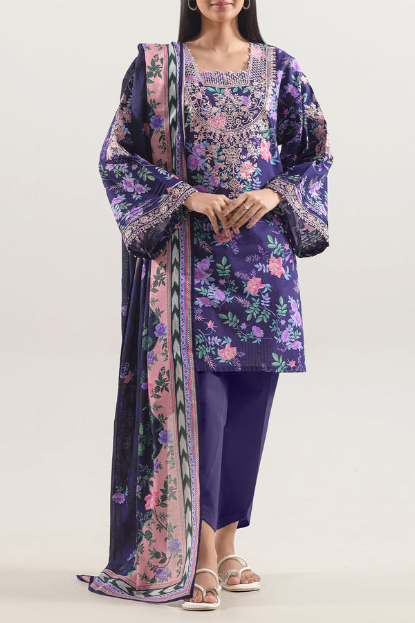 Unstitched Printed Embroidered Strip Lawn 3 Piece