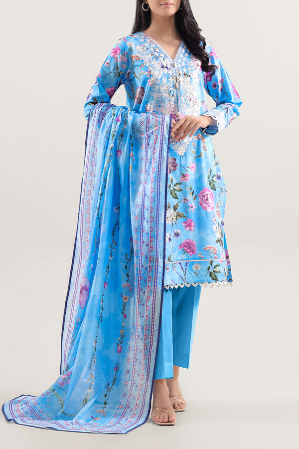 Unstitched Printed Embroidered Strip Lawn 3 Piece