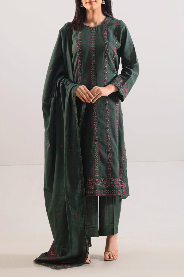 Unstitched Solid Embroidered Cotton Khaddar 3 Piece