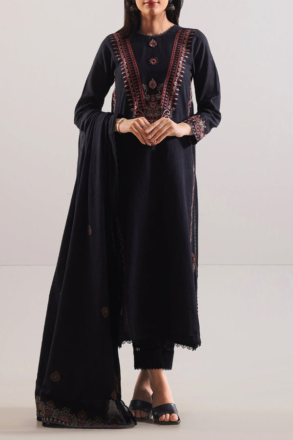 Unstitched Solid Embroidered Cotton Khaddar 3 Piece