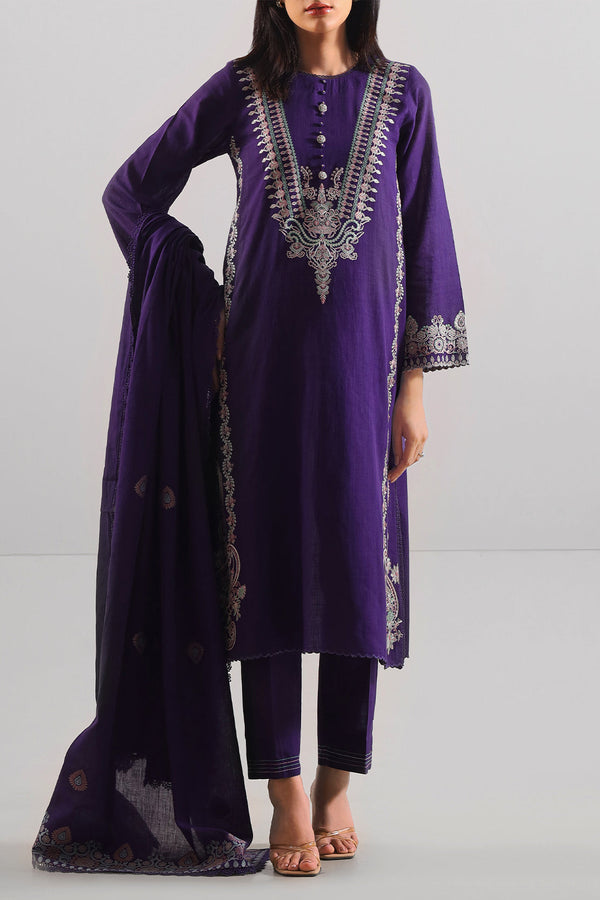 Unstitched Solid Embroidered Cotton Khaddar 3 Piece