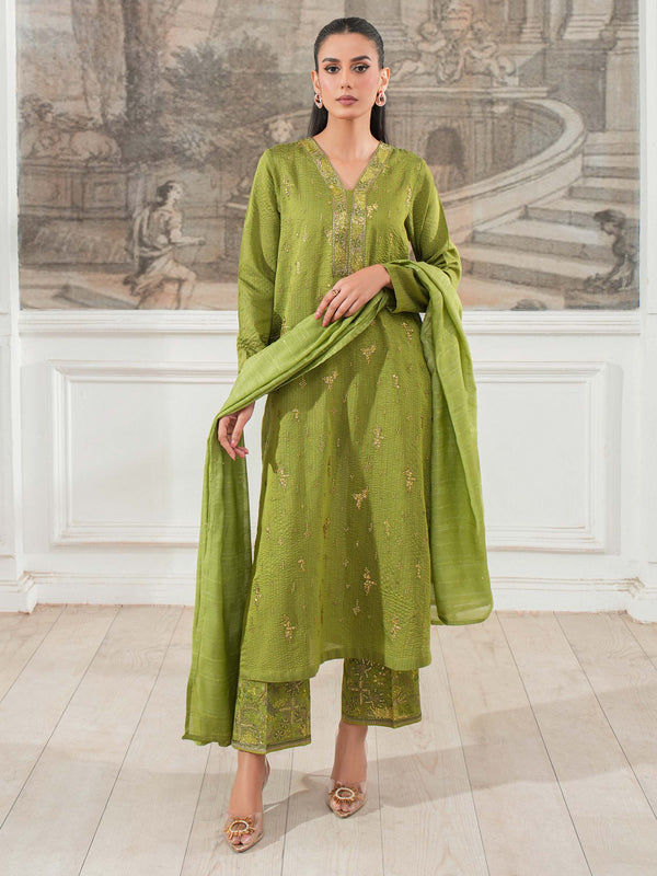 3 Piece Raw Silk Suit-Embroidered (Unstitched)