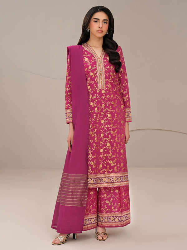 3 Piece Satin Suit-Paste Print (Unstitched)