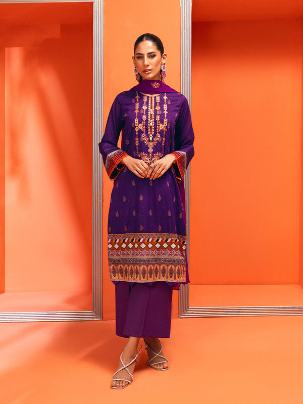 3PC Unstitche Printed Embroidered Lawn Shirt With Dyed Chiffon Embroidered Dupatta