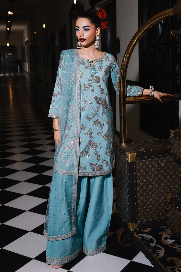 3-PC Embroidered Raw-Silk Suit CMA-5-111 Ferozi