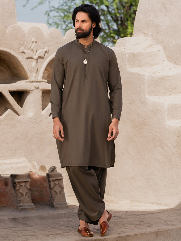 Olive Green Blended Kameez Shalwar - AL-KS-3181