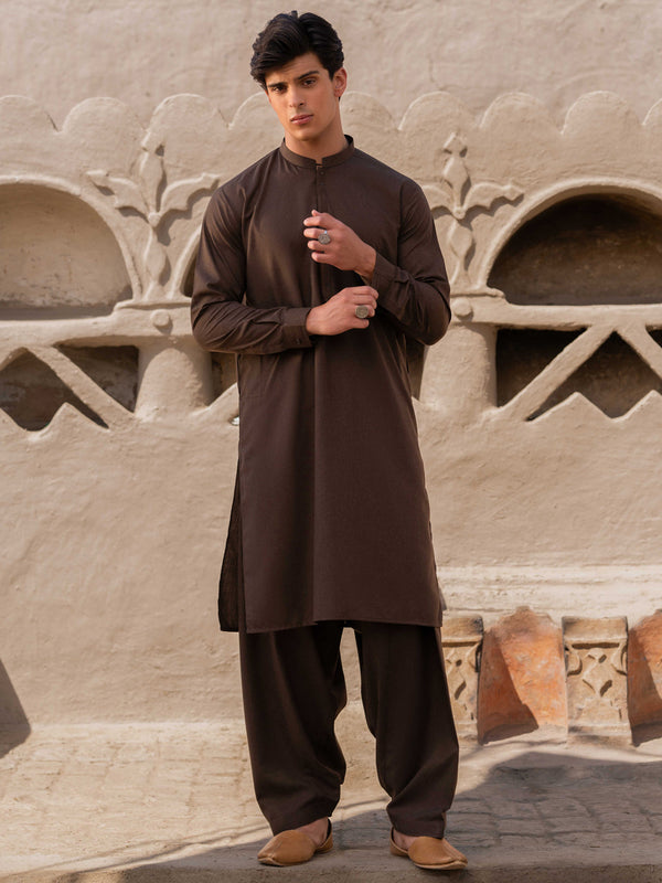 Dark Brown Blended Kameez Shalwar - AL-KS-3211