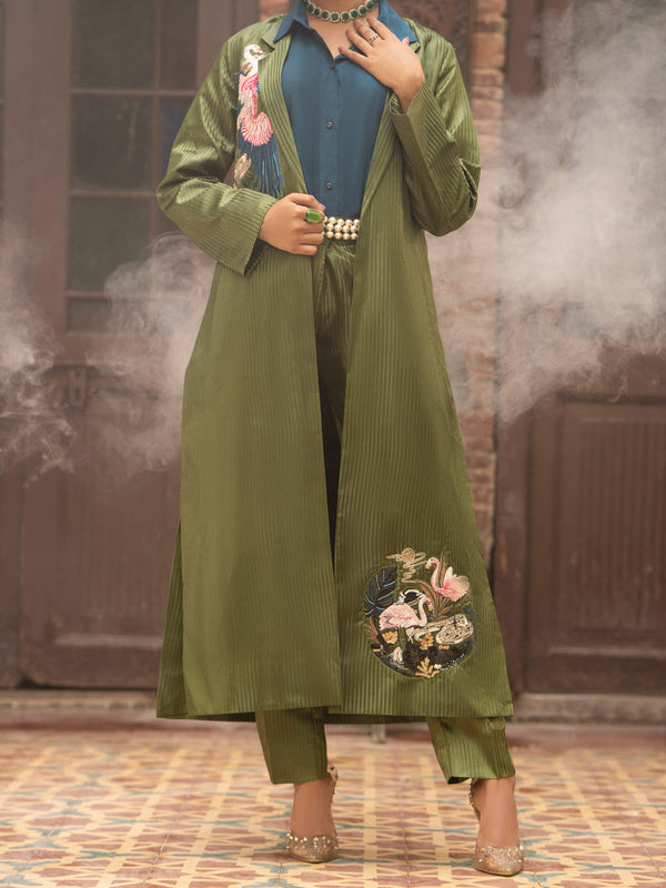 Green Stripe Formal 3Pc Stitched - AL-3PS-LS-421