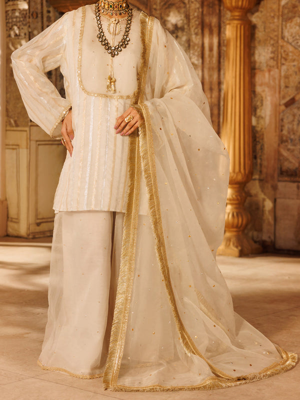 Off White Lurex Organza Formal 3Pc Stitched - AL-3PS-LS-530