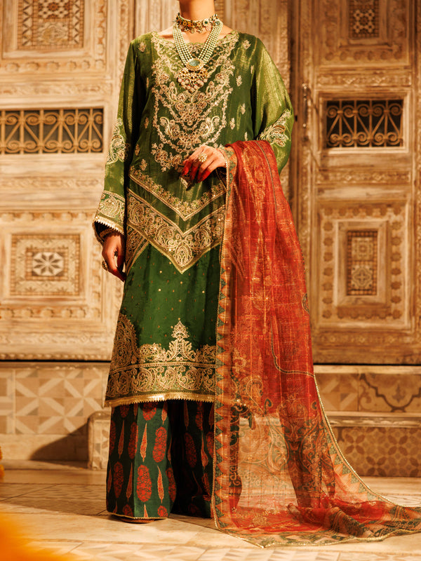 Mehndi Green Mesuri Net Formal 3Pc Stitched - AL-3PS-LS-550
