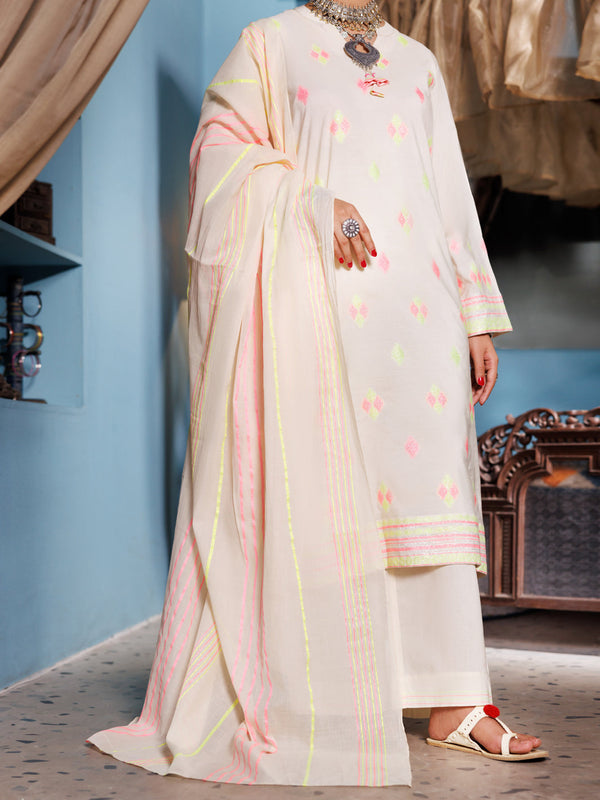 Off White Yarn Dyed Jacquard 3Pc Unstitched - ALP-3PS-1886