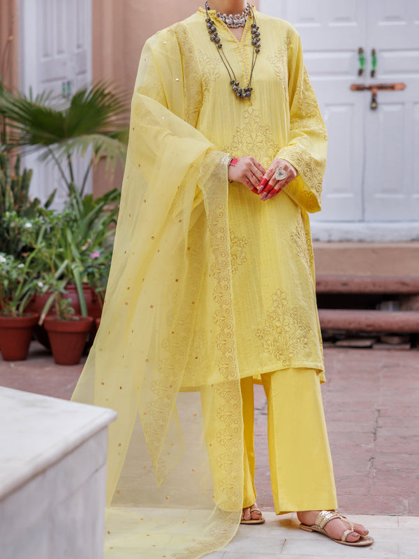 Yellow Dobby Jacquard 3Pc Stitched - ALP-3PS-1952