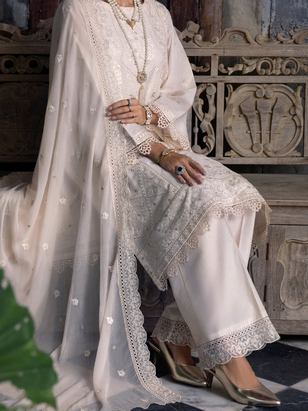 Off White Schiffli Lawn 3Pc Unstitched - ALP-3PS-2113