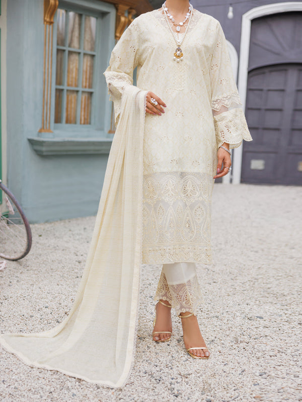 Off White Schiffli Lawn 3Pc Stitched - ALP-3PS-2273