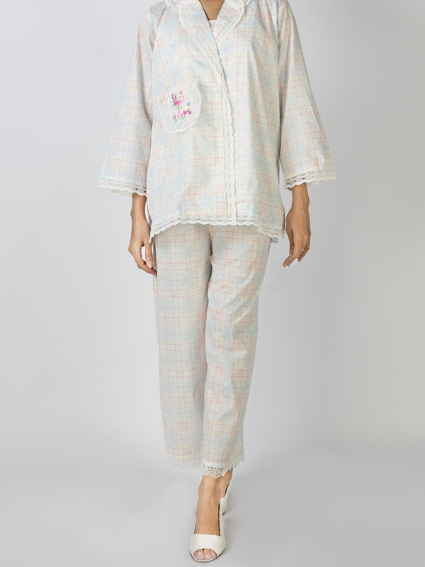 White Cotton 2 Piece Stitched Nightwear - ALT-LKS-NW-1003