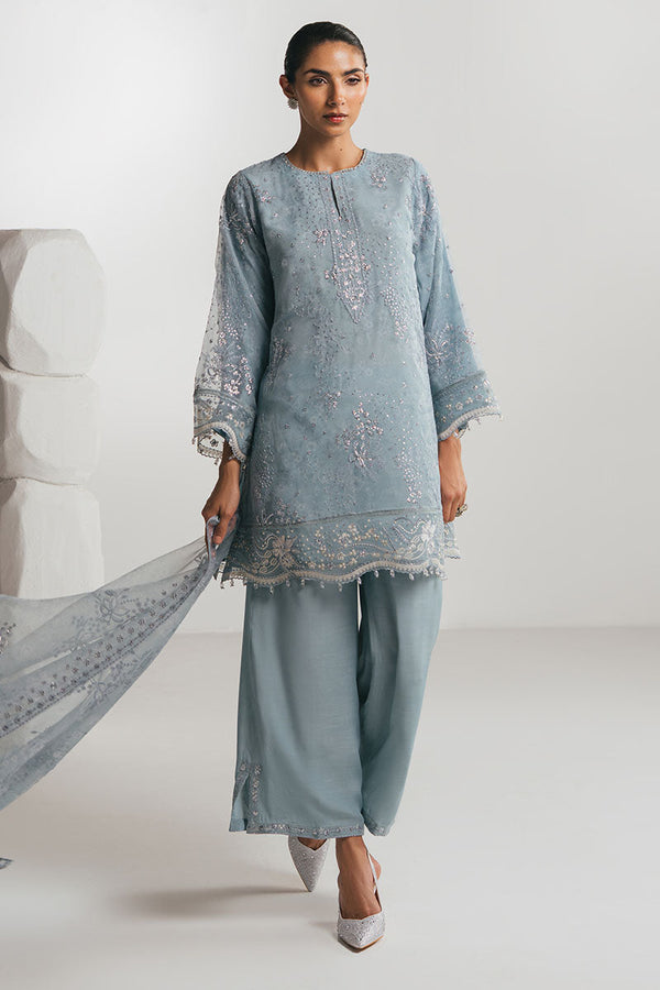 SILVER AQUA-3PC EMBROIDERED ORGANZA SUIT