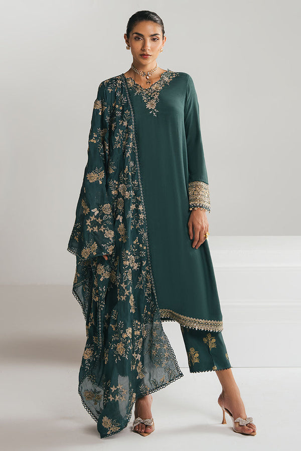 EMERALD GREEN-3PC EMBROIDERED SILK SUIT