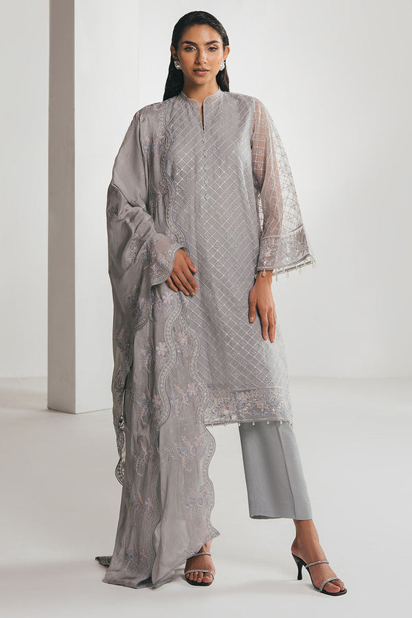 SILVER MOONLIGHT-4PC EMBROIDERED ORGANZA SUIT
