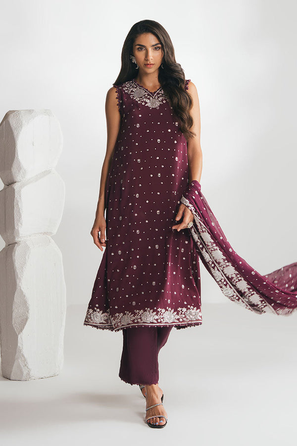 CHERRY WOOD-4PC EMBROIDERED CHIFFON SUIT