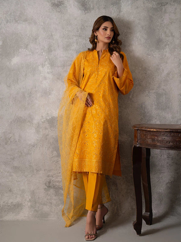 3PC UNSTITCHED CHIKANKARI EMBROIDERED LAWN SUIT