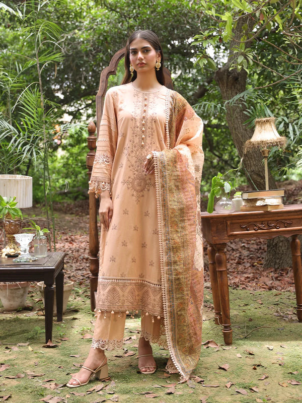 3PC STITCHED LUXURY RICE SLUB EMBROIDERED SUIT