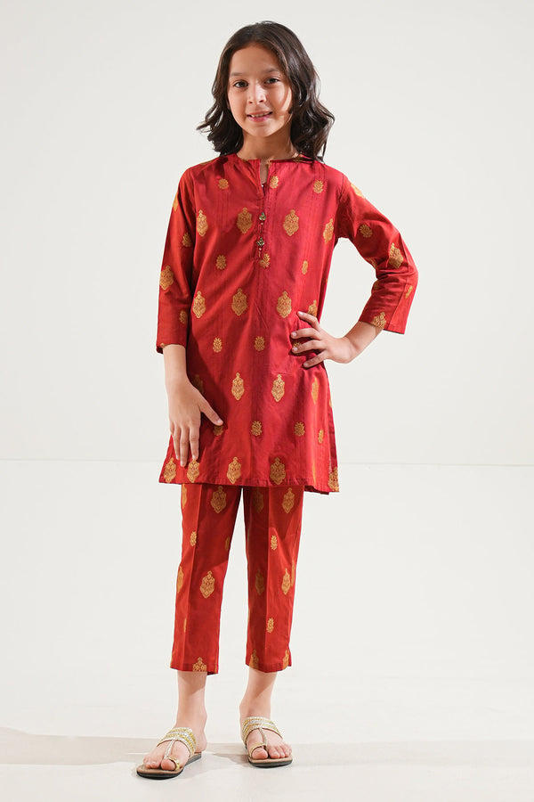 Stitched Cotton Jacquard Shirt/trouser For Kids