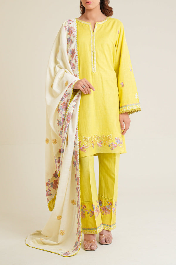 Solid Embroidered Soft Touch Cotton Stitched 3 Piece