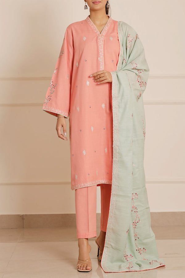 Solid Embroidered Cotton Viscose Stitched 3 Piece